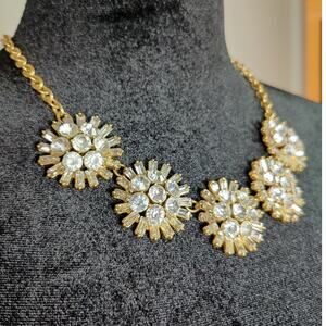 J Crew Gold Tone Rhinestone Floral Statement Necklace Glam Bib